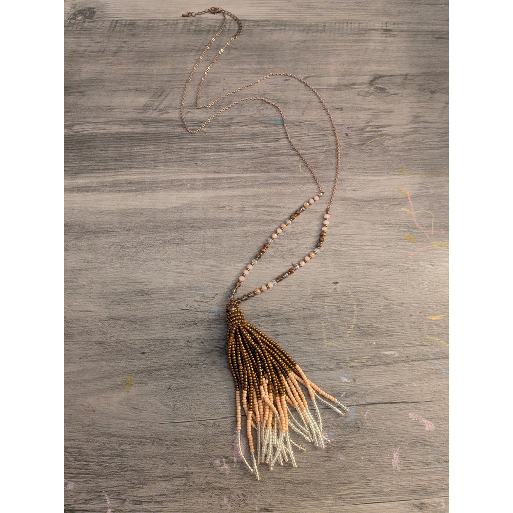 Boho Beaded Tassel Long Necklace Bronze Peach Ombre Glass Bead Chain